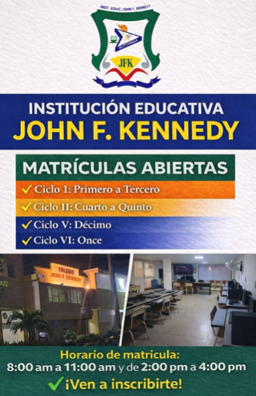 Fotos del colegio Kennedy y sala de informatica. Matriculas abiertas. Ciclo I: Primero a tercero Ciclo II: Cuarto a quinto Ciclo V: Décimo Ciclo VI: Once
