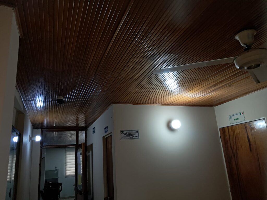 Foto de la oficinas de sección administrativa señalando el machimbre antiguo de color café que debe repararse.