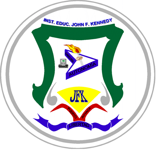 Escudo de la Institución Educativa John F. Kennedy. Tiene forma de blasón con borde blanco y contorno gris. En la parte superior aparece el nombre de la institución en letras azules. El interior del escudo tiene franjas verdes a los lados y una base amarilla. En el centro se observa un libro abierto con una antorcha, símbolo de conocimiento y formación. En la parte inferior aparecen las letras “JFK” en color verde sobre fondo amarillo, y debajo una cinta ondulada con los colores de la bandera de Colom